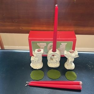 XMAS Candlestick holders & red candles. JOY angels. White Bisque. Original box.